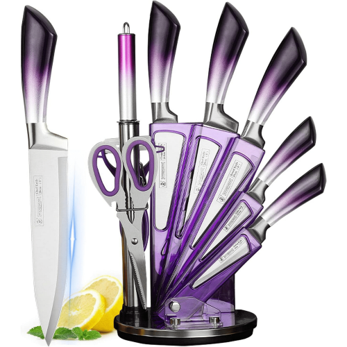 Knife Set, 9-Pieces Purple Gradient Handle Stainless Steel Chef Knife Set, Ultra Sharp Non-stick Cooking Knife Set with Acrylic Stand for Cutting Chop Knife Set, 9-Pieces Purple Gradient Handle Stainless Steel Chef Knife Set, Ultra Sharp Non-stick Cooking Knife Set with Acrylic Stand for Cutting Chop