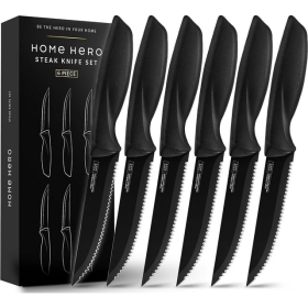 Home Hero - Steak Knives - Serrated Kitchen Steak Knives Set - Dishwasher Safe - 6 Pcs, Black - HomeHero